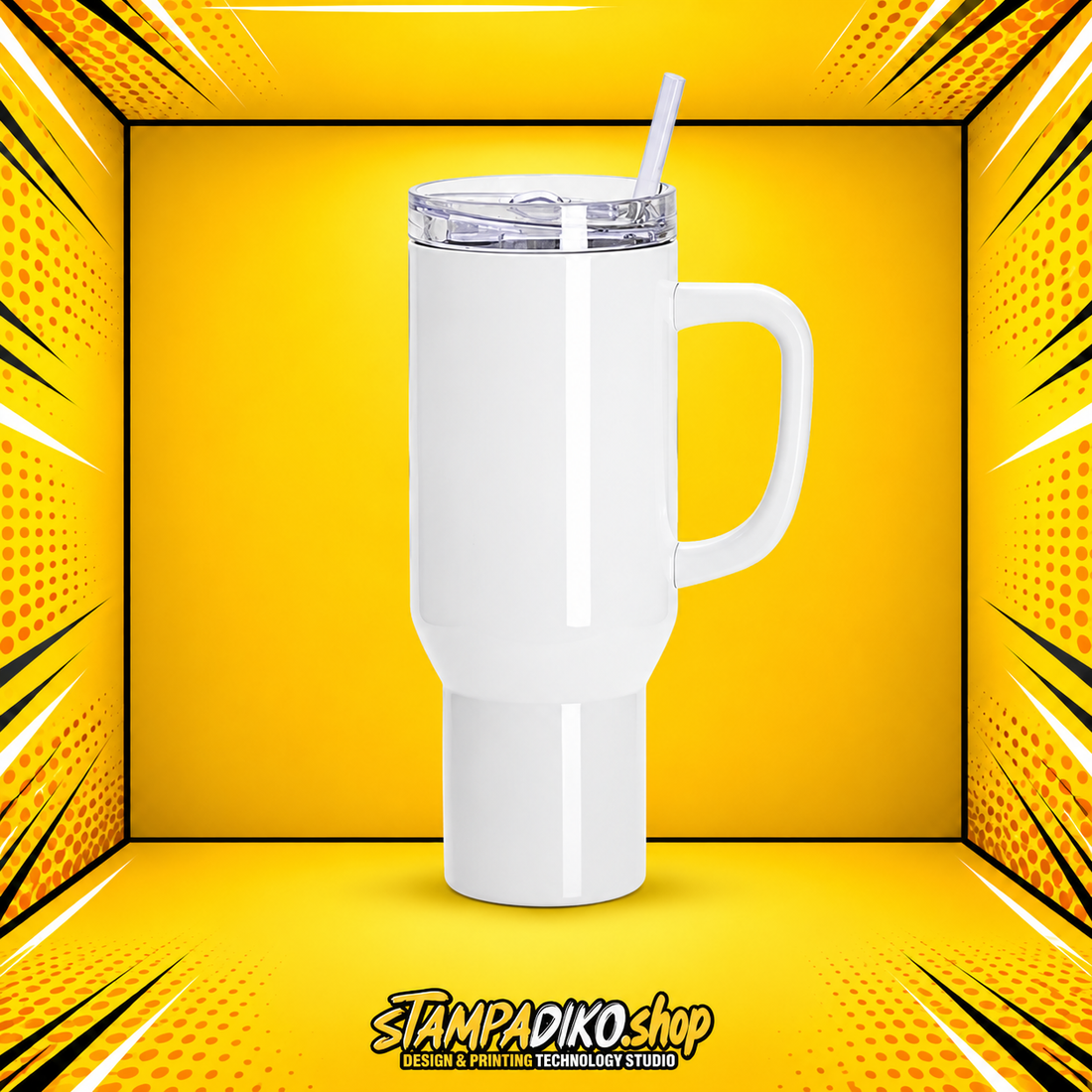 Λευκό Portable Tumbler MET9509 με χερούλι, καπάκι και καλαμάκι