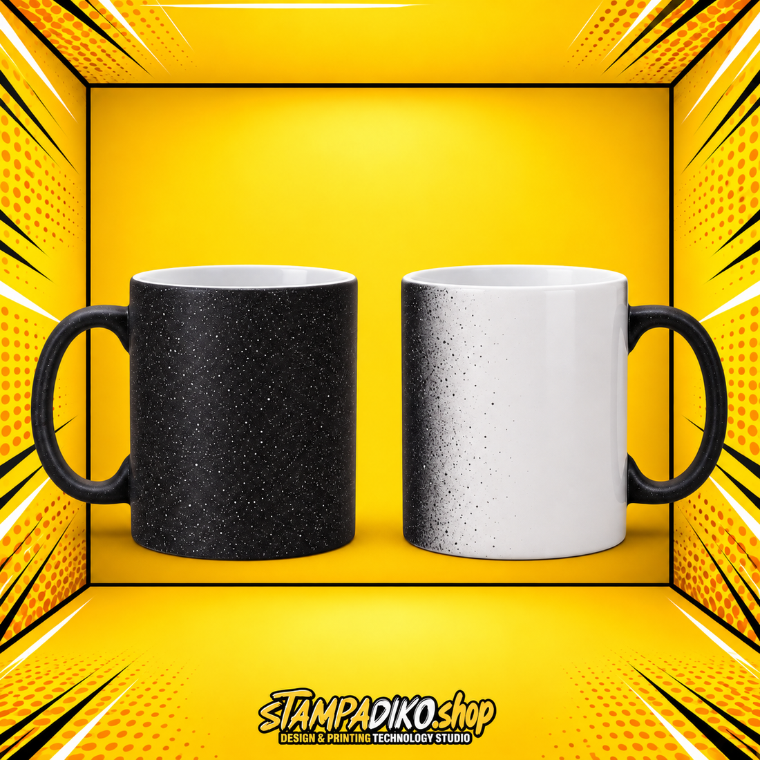 Μαγική κούπα MUG5570 μαύρη glitter Star Sky — ενδεικτική απεικόνιση πριν και μετά τη θέρμανση, όψη 1