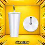 Λευκό tumbler 16oz MET3026 με καλαμάκι και επάνω όψη καπακιού