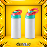 Kids metal bottle MET6103, 360 ml, white body with red and green lid, closed and open views of the same bottle