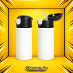 Kids metal bottle MET6154, 360 ml, white body with black lid, closed and open views of the same bottle