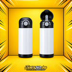 Kids metal bottle MET7512, 350 ml, white body with black lid and base, closed and open views of the same bottle