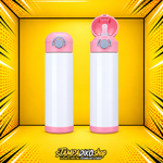 Kids metal bottle MET7513, 500 ml, white body with pink lid and base, closed and open views of the same bottle
