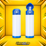 Kids metal bottle MET7515, 500 ml, white body with blue lid and base, closed and open views of the same bottle